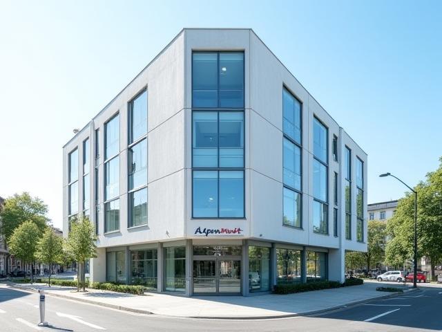 Exterior view of the modern AlpenMaut Systeme GmbH office building in Vienna