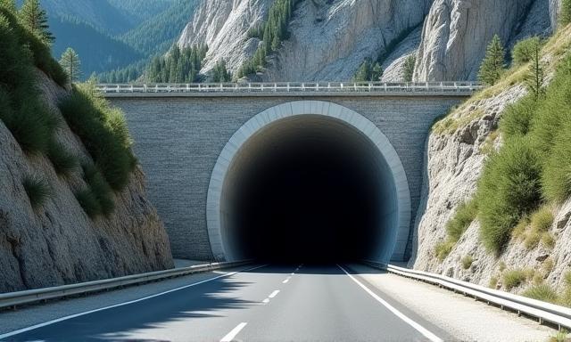 Entrance to a road tunnel nestled in the Austrian mountainside during daylight