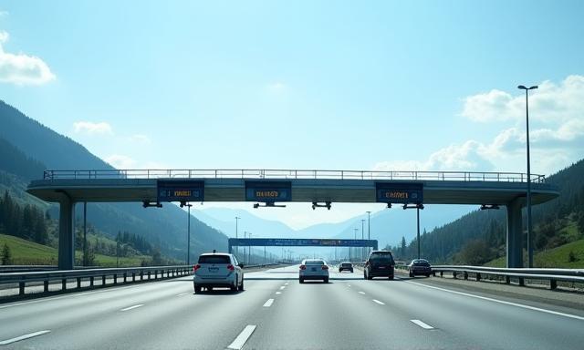 Modern electronic toll gantry structure spanning an Austrian highway