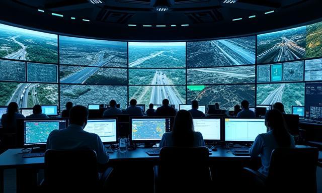 Busy traffic control room showing multiple monitoring screens with traffic feeds