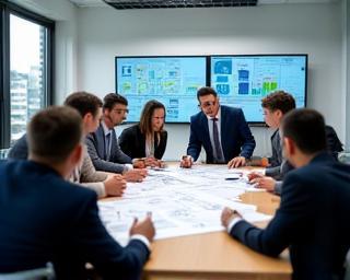 People in a modern meeting room discussing infrastructure plans and diagrams