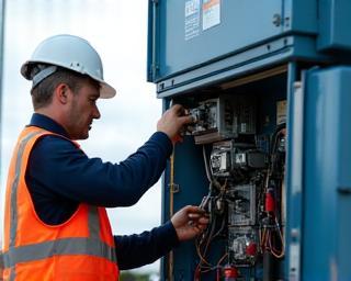 Technicians performing maintenance work on complex toll infrastructure equipment